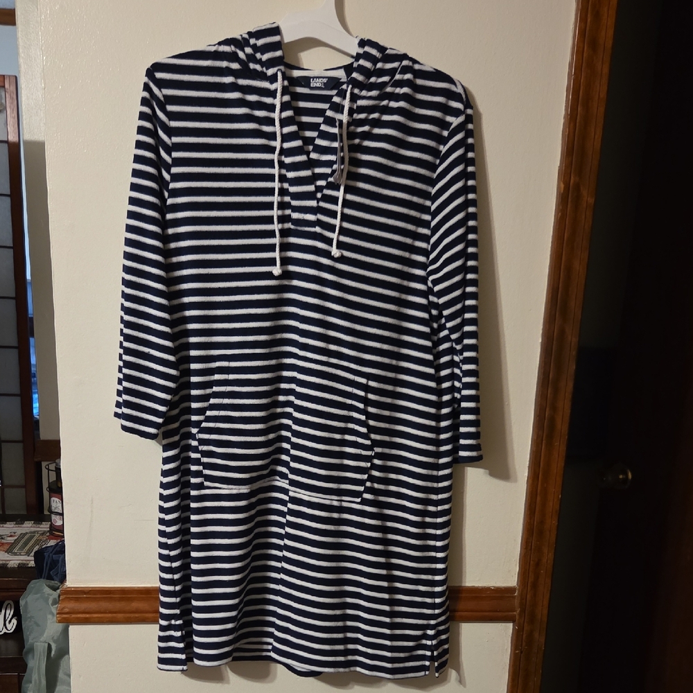 Lands' End Navy and White Striped Hoodie Dress
